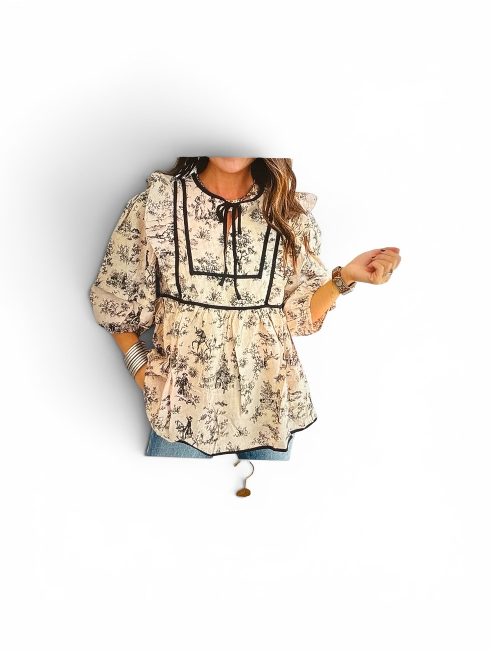Women's Cream Floral Peasant Blouse with Black Trim - Picture 1 of 1